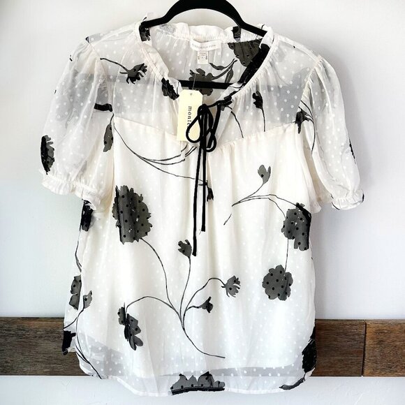 Monteau Los Angeles Blouse Floral NWT L Lined Cream Black - Picture 2 of 9
